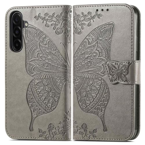 for Samsung Galaxy A17 5G Phone Case Wallet,Gray | Butterfly Embossed PU Leather, Credit Card Holders, Wrist Strap, Magnetic Closure, Flip Protective Purse Cover for Women Men - color: Gray