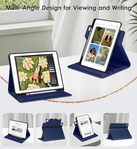 DTTO for iPad 6th/5th Gen 9.7 Inch Case (2018/2017), Navy Blue | 360 Degree Rotating Premium Faux Leather Folio Stand Cover with Pencil Holder for iPad Air 1 / Air 2, Auto Sleep/Wake - color: Navy Blue