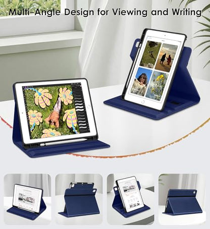 DTTO for iPad 6th/5th Gen 9.7 Inch Case (2018/2017), Navy Blue | 360 Degree Rotating Premium Faux Leather Folio Stand Cover with Pencil Holder for iPad Air 1 / Air 2, Auto Sleep/Wake - color: Navy Blue