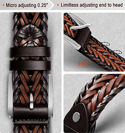BULLIANT Mens Leather Braided Woven Golf Belts Holeless 1 3/8"-Gift Boxed | Holeless Understated Elegance| Breathable & Lightweight | From Golf to Casual & Jeans - color: Deep Brown/Light Brown1486, size: 30"-34"Waist Adjustable