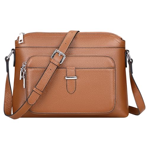 Genuine Leather Crossbody Bags for Women with Card Slots | Ladies Handbag and Purses with RFID-Blocking, 9 Pockets, Adjustable Strap for Shoulder, Fits 7.9 ipad - color: Brown New