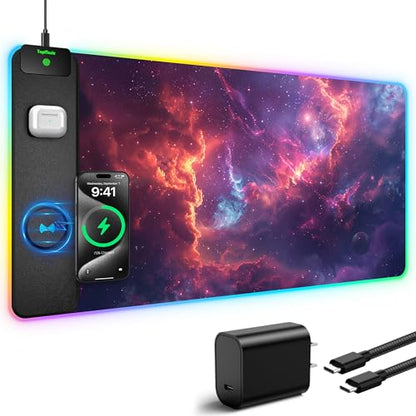 5-in-1 RGB Mouse Pad with 15W Wireless Charging, Keyboard Pad for Desk | 31.5” x 15.8” XXL Large Desk Mat, Gaming Mousepad with Ultra Smooth Surface & Non-Slip Rubber Base, Easy to Clean, Waterproof - color: Upgraded Rgb - Red Nebula With Adapter