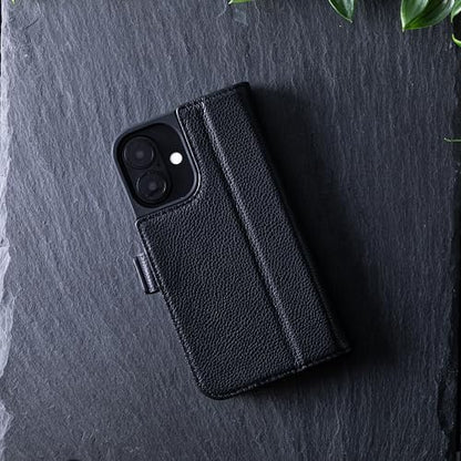 Snakehive Genuine Leather Wallet Case for iPhone 16 Plus – Flip Cover with Card Slots & Stand (Dappled Black) - color: Metro Black, size: iPhone 16 Plus