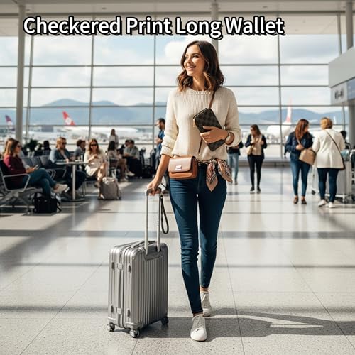 Checkered Highland Cow Print Book Wallet For Women Skull Goth Frog Butterfly Ladies Cluth Wristlet Wrist Strap Long Purse Zip Around Card Holder - color: Checkered Brown