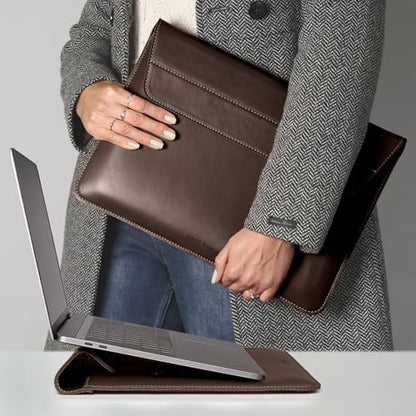 Genuine Leather Laptop Sleeve 15-16 Inch, Padded Full Grain Leather Case with Built-in Stand - Dark Brown, Compatible with MacBook Air, MacBook Pro, Dell, HP, Lenovo - color: Dark Brown, size: For 15” - 16” Laptops