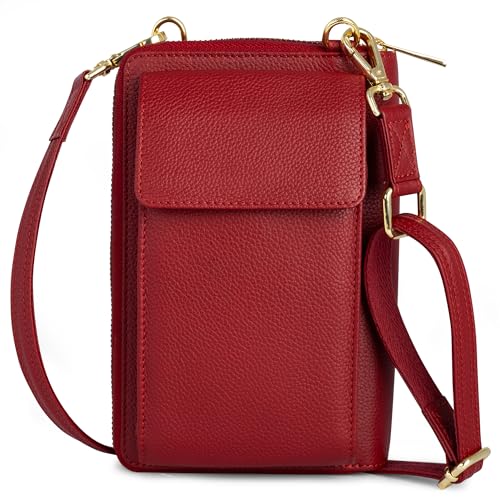 BULL GUARD Crossbody Bag for Women, Leather Phone Wallet Purse with Adjustable Anti Theft Strap & RFID Blocking 12 Card Slots - color: Xtraroom in Red Velvet Bliss Latte