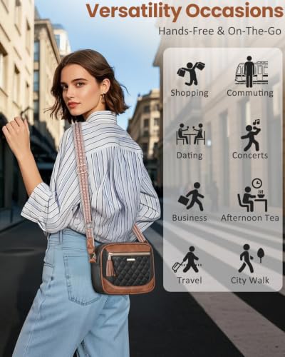 Tenot Hands-free Crossbody Bags for Women Stylish Quilted Design | Premium Vegan Leather, Excellent Daily Use, Comfortable, Weather-ready Crossbody Purses for Women - color: Black- Brown