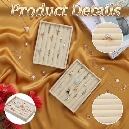 Ring Display Holder, 2 Pcs Small Jewelry Tray Velvet Ring Organizer Stackable Jewelry Organizer Trays Jewelry Drawer Organizers Inserts for Selling Rings Earrings (Beige)
