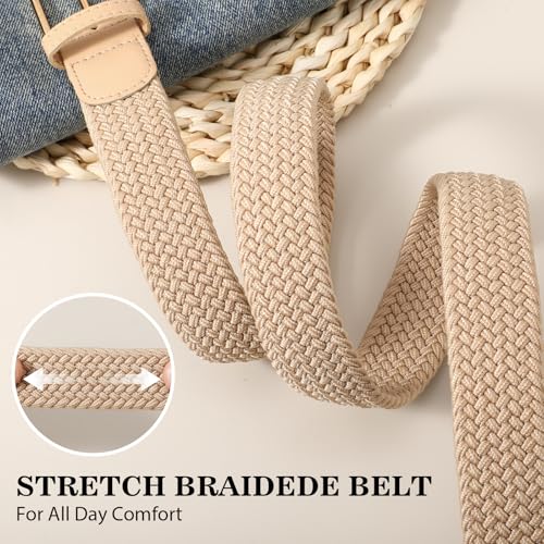 Women Braided Stretch Belts Elastic Canvas Woven Belts For Jeans Pants - color: A-khaki-gold Buckle, size: S: Fit Waist 29-33 Inches