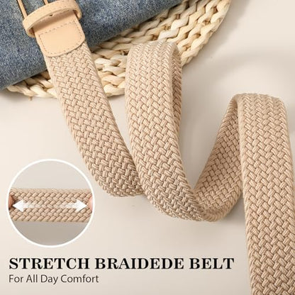 Women Braided Stretch Belts Elastic Canvas Woven Belts For Jeans Pants - color: A-khaki-gold Buckle, size: S: Fit Waist 29-33 Inches