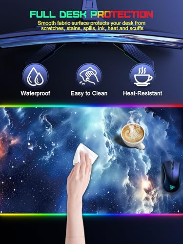 5-in-1 RGB Mouse Pad with 15W Wireless Charging, Keyboard Pad for Desk | 31.5” x 15.8” XXL Large Desk Mat, Gaming Mousepad with Ultra Smooth Surface & Non-Slip Rubber Base, Easy to Clean, Waterproof - color: Upgraded Rgb - Blue Nebula With Adapter