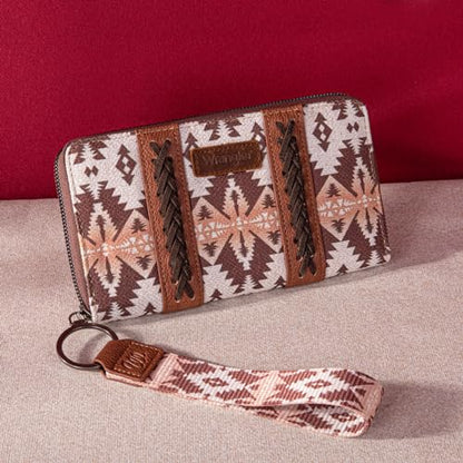 Wrangler Wallet Purse for Women Western Aztec Clutch Wristlet Wallet with Credit Card Holder - color: Light Coffee