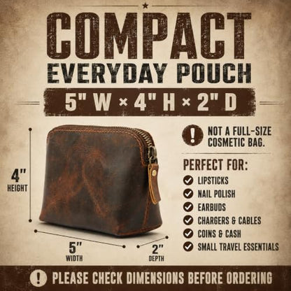 Full Grain Leather Cosmetic Bag – Zippered Makeup Pouch for Women, Small Travel Toiletry & Organizer Pouch for Purse, Premium Handmade Leather (5 × 4 × 2.5 in) - color: Brown