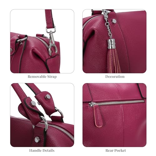 HESHE Genuine Leather Purse for Women Satchel Tote Bags Shoulder Handbags | Soft Top Grain Leather,Tassel,Large Capcity,Adjustable Long Strap,Roomy,Top Handle,Crossbody,Trendy,Travel,Work,Daily Use - color: Purple Red