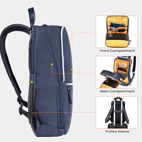 LEATHER VILLAGE Leather Laptop Backpack for Men with Trolley Strap 16L Blue | Water-Repellent, Slim Professional Business Bag Fits 2 Laptops up to 15.6", Tablets or Files, Work & Travel Daypack - color: Blue