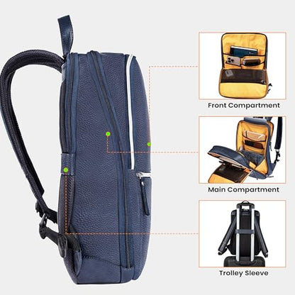 LEATHER VILLAGE Leather Laptop Backpack for Men with Trolley Strap 16L Blue | Water-Repellent, Slim Professional Business Bag Fits 2 Laptops up to 15.6", Tablets or Files, Work & Travel Daypack - color: Blue