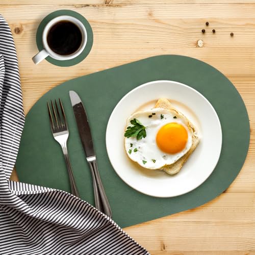 Faux Leather Placemats Set of 6 with Matching Coasters, Heat Resistant PU Oval Placemats, Waterproof Wipeable Washable Place Mats, Non-Slip Table Placemats for Dining Table Kitchen Patio - color: Green-grey, size: Set of 6