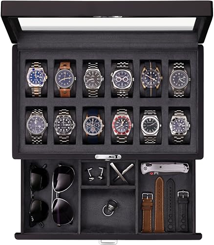 ROTHWELL 12-Slot Matte Black Watch Box with Valet Drawer - Premium Jewelry Display Case Organizer with Locking Glass Top and Microsuede Liner for Men & Women (Carbon Interior) - color: Matte Black / Grey Carbon