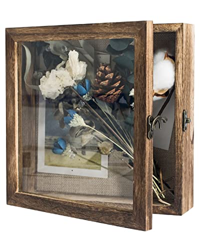 GraduatePro Shadow Box Frame 8x8 Display Case with Linen Back, Real Glass Window Door with Hinge, Picture Frame Wedding Bouquet Memorabilia Medals Photos Memory Box for Keepsakes, Carbonized Black | Hinged Front Open Door with Tempered Glass, Linen Back w