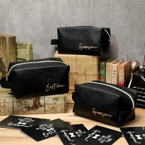 7 Sets Man Best Man Toiletry Bag Wedding Gift with Zipper, Black | Best Man Cosmetic Bags for Best Man, with Bowknot Greeting Card, PU Leather, for Proposal Party, Engagement Accessories