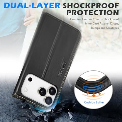 SHIELDON Genuine Leather Wallet Case for iPhone 17 Pro 6.3", Retro Black | Magnetic Closure, RFID Blocking, Credit Card Holder, Viewing Stand, Folio Design, Shockproof Protective Cover - color: Retro Black