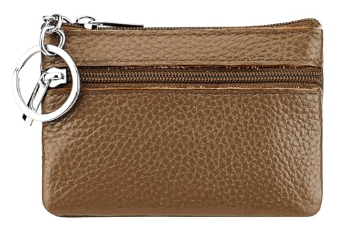 Genuine Leather Small Coin Purse Change Pouch Bag Solid Color Wallet with Zipper Key Chain Ring Credit Card Holder for Women Men (Khaki) - color: Khaki