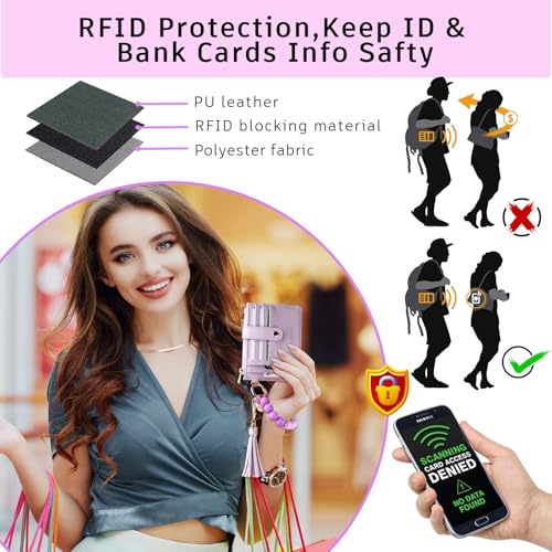 BAOSIWA Silicone Bracelet Keychain Wallet for Women Wristlet Card Holder Slim RFID Wallet with Zipper Pocket - color: Purple