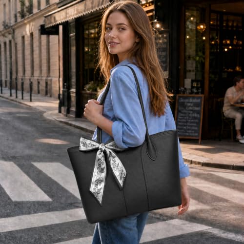 Work Tote Bag for Women, Laptop Tote Fits 15.6Inch Computer,Faux Leather Office Bag with Bottle Holder Shoulder Handbags - color: Black