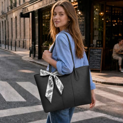 Work Tote Bag for Women, Laptop Tote Fits 15.6Inch Computer,Faux Leather Office Bag with Bottle Holder Shoulder Handbags - color: Black