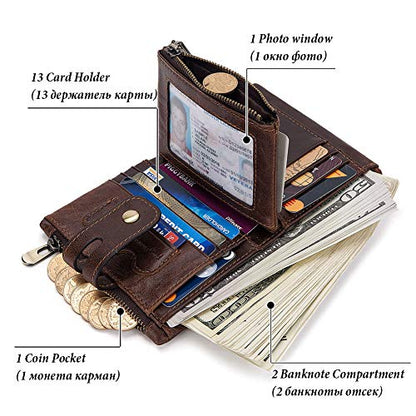 Genuine Leather Bifold Chain Wallet for Men RFID Blocking | Heavy Duty Steel Anti-Theft Chain & 2 Zipper Coin Purse. Perfect for Bikers, Daily Commute, Gift for Dad/Husband - color: Brown