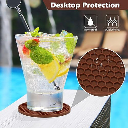 TWTLi Silicone Coasters Set of 8 with Holder — Non-Slip Drink Coasters for Coffee Table, Home Bar & Kitchen, Protects Wood & Marble Surfaces from Water Rings, Dishwasher Safe (Brown) - color: Brown, size: 8 Pcs
