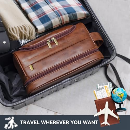 Toiletry Bag for Men,Large Leather Travel Pouch Bag with Hanging hook - color: Dark Brown