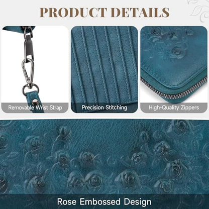 MEITRUE Womens Wallet Large Capacity Phone Clutch Purse RFID Floral Embossed Vegan Leather Travel Wallet with Wristlet Peacock Blue - color: 03-peacock Blue