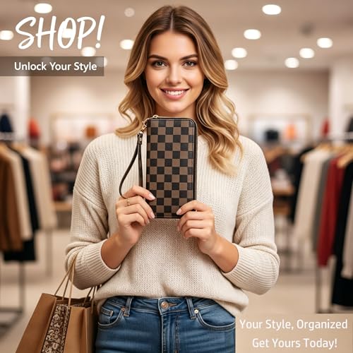 Checkered Highland Cow Print Book Wallet For Women Skull Goth Frog Butterfly Ladies Cluth Wristlet Wrist Strap Long Purse Zip Around Card Holder - color: Checkered Brown
