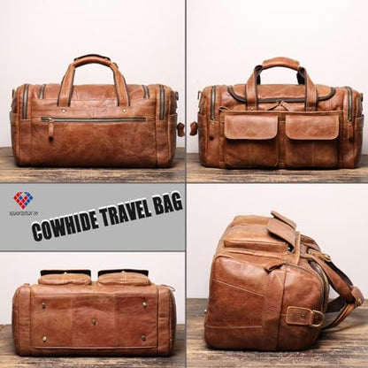Full CowhideLeather Large duffel bags for men holdall leather travel bag overnight gym sports weekend bag (black) - color: black