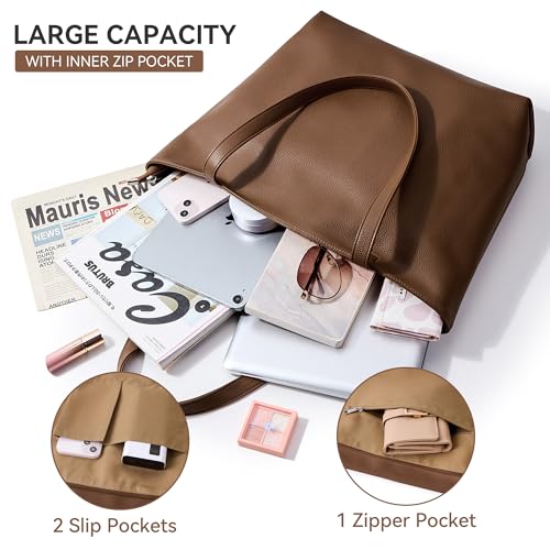WLLWOO Soft Vegan Leather Tote Bag for Women Large Hobo Zipper Purse | Casual Shoulder Handbags Carryall for Work Daily Weekender Travel Commute - color: Coffee