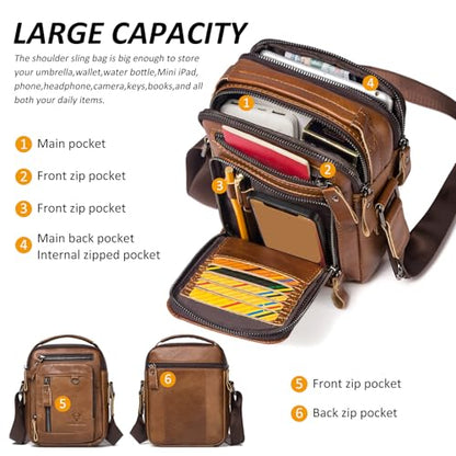 Men’s Leather Messenger Bag Crossbody Shoulder Handbag Satchel | Weighs only 450g(17×9×22.5cm) polyester lining, multi separate pockets, can securely hold your 8.3-inch tablet Travel Handbag - color: Brown