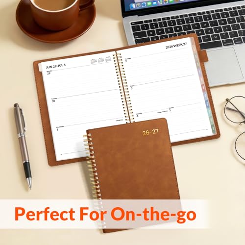 SUNEE 2026-2027 Weekly & Monthly Planner 6.4"x8.5" - 12 Month (July 2026 - June 2027), Vegan Leather Cover Planner Academic Year Calendar, Pocket, Notes, Monthly Tab, Brown - color: Brown