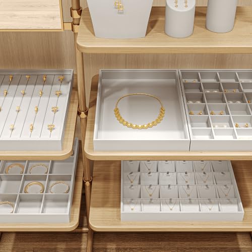 White PU Leather 12-Grid Jewelry Display Organizer Tray | for rings, earrings, necklaces and bracelets, stackable design for home dresser storage, jewelry store counter & trade show - size: 12 Grid