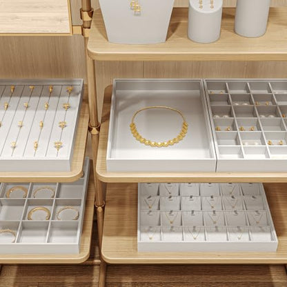 White PU Leather 12-Grid Jewelry Display Organizer Tray | for rings, earrings, necklaces and bracelets, stackable design for home dresser storage, jewelry store counter & trade show - size: 12 Grid