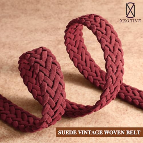 XZQTIVE Women’s Braided Suede Belt – Adjustable Woven Waist Belt with Gold Buckle for Dresses, Jeans & Casual Outfits - color: Burgundy, size: Medium: fits waist from 33"-37"