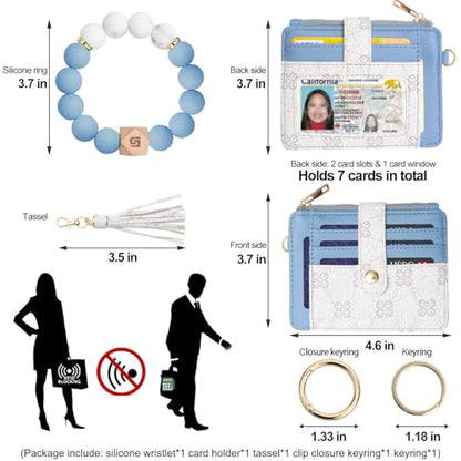 COOLANS Silicone Bracelet Wristlet Wallet Credit Card Holder RFID ID Window Key Ring Tassel Slim Wallet Women Keychain Purse - color: 블루 & 화이트 실리콘 비즈 팔찌+카드 지갑