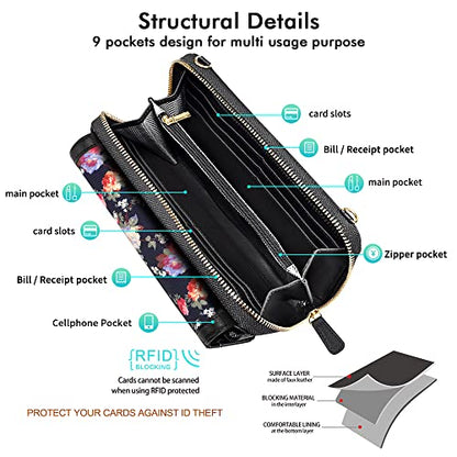 RONSIN Crossbody Bag for Women Wristlet Wallets with RFID Card Small Clutch Purses for Party Prom - color: 16-black Rose