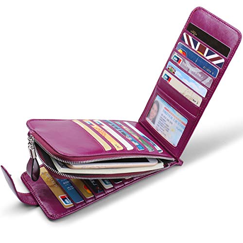 Women's Genuine Leather Credit Card Holder RFID Long Zipper Purse Wallet - color: Purple