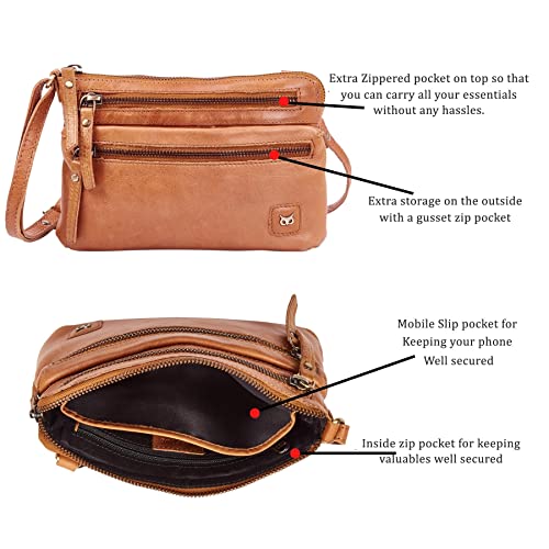 Small Leather Crossbody Bag for Women Adjustable Sling Purse Multi Pocket | Genuine Top Grain Leather, 4 Zip Pockets, Cross Over for Travel, Gift for Women, Phone Pocket - color: Mustard Multi-wax