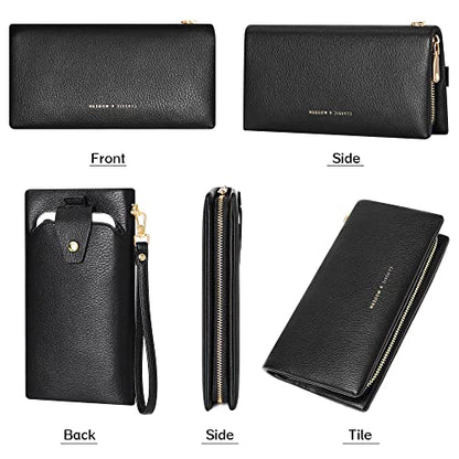 Womens Wallet RFID Large Capacity Zip Around Wallet PU Leather Credit Card Holder Clutch Wristlet Wallet Travel Purse - color: Black