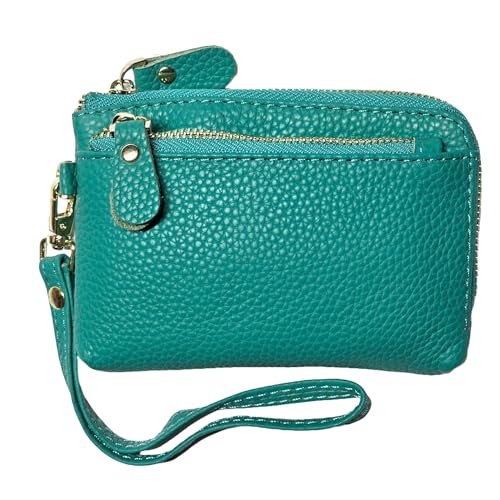 Women Genuine Real Leather Coin Purse with Hand Strap. 3 Zipper Small Wallet Wristlet with 3 credit cards slots Holder - Aquamarine - color: #17 Aquamarine