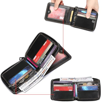 LUKZIJAES Mens Wallets Genuine Leather RFID Blocking with Zipper Wallet for Men Large Capacity 14 Card Slots, ID Window & Coin Pocket for Travel (#15-Black) - color: #15-Black
