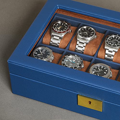 ROTHWELL 10 Slot Leather Watch Box - Luxury Case Display Jewelry Organizer - Locking Watch Display Case Holder with Large Glass Top - Box Organizer for Men and Women (Blue/Tan) - color: Blue / Tan
