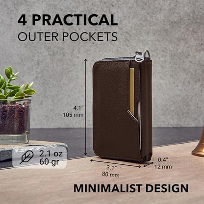 Vaultskin NOTTING HILL Slim Italian Leather Zip Around Wallet, RFID | Minimalist thin card holder for men and women, small coin purse, keychain D-ring, RFID blocking, 10 cards, cash, gift box - color: Brown
